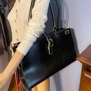 Wilson's Leather Large Black with Off White Tote/Laptop Bag W/Buckle Clasp